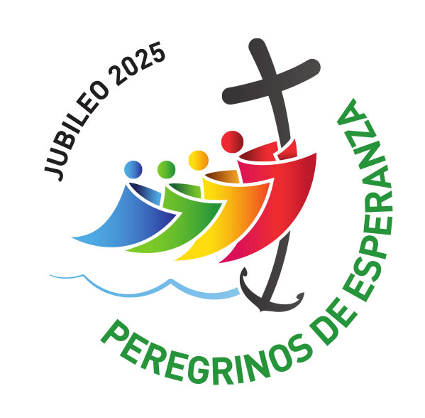 Pilgrims of Hope Logo - Four Figures holding a Cross with words in Spanish