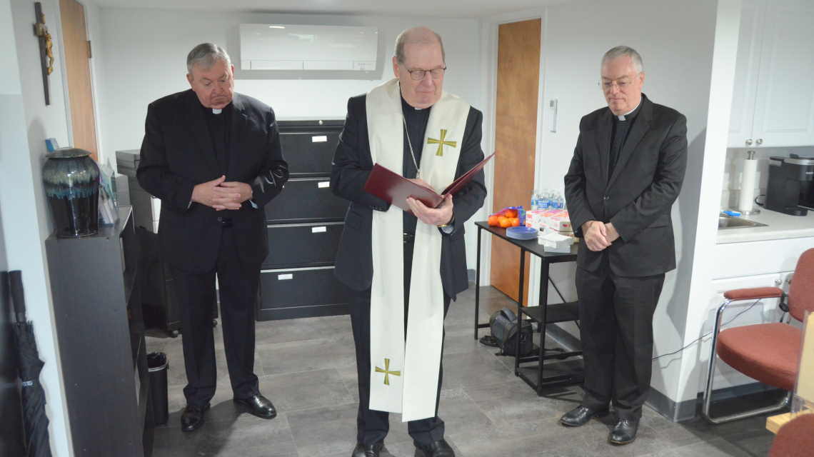 Bishop Deeley blesses new office at St. Joseph Cemetery in Biddeford