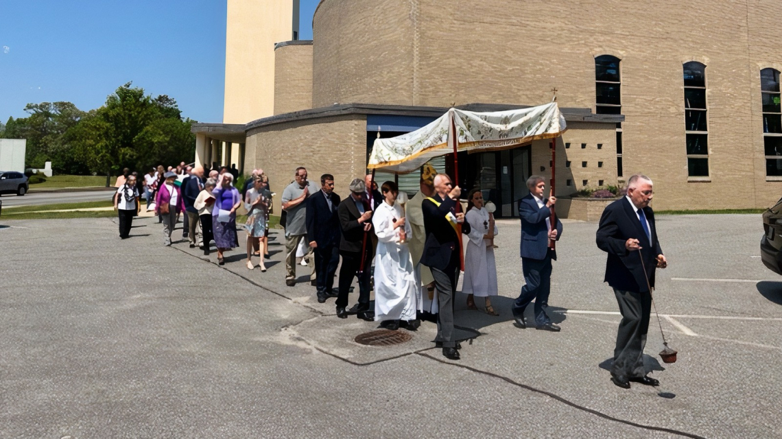 Corpus Christi Procession outside Holy Cross Church in South Portland.