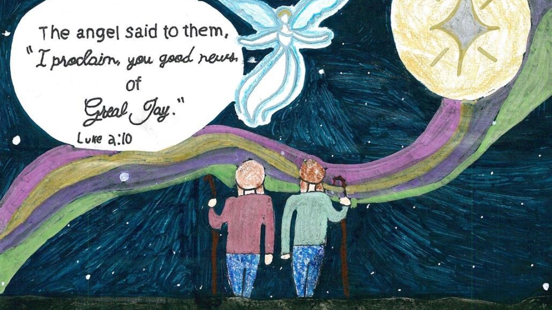 drawing of two people looking at the sky and an angel