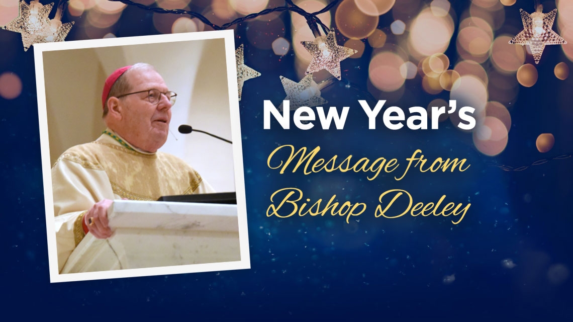 Bishop Deeley over a blue background with the words New Year's message