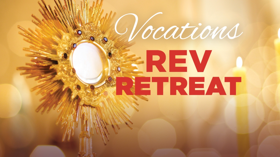 A monstrance with the words Vocations Rev Retreat