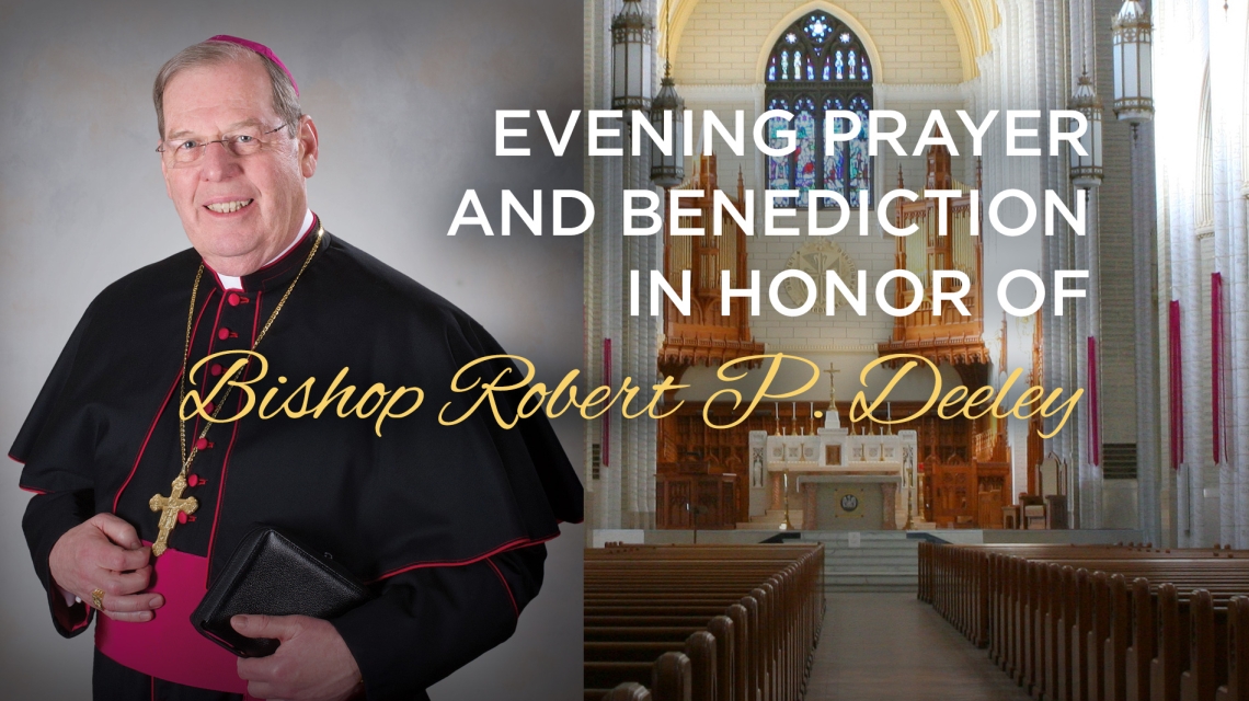 Image of Bishop Deeley over the interior of the basilica.