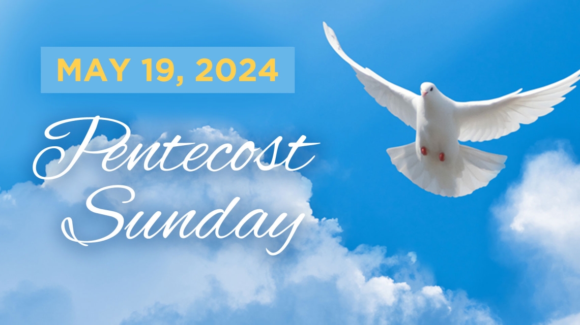 Dove over blue sky with a cloud and the words Pentecost Sunday.
