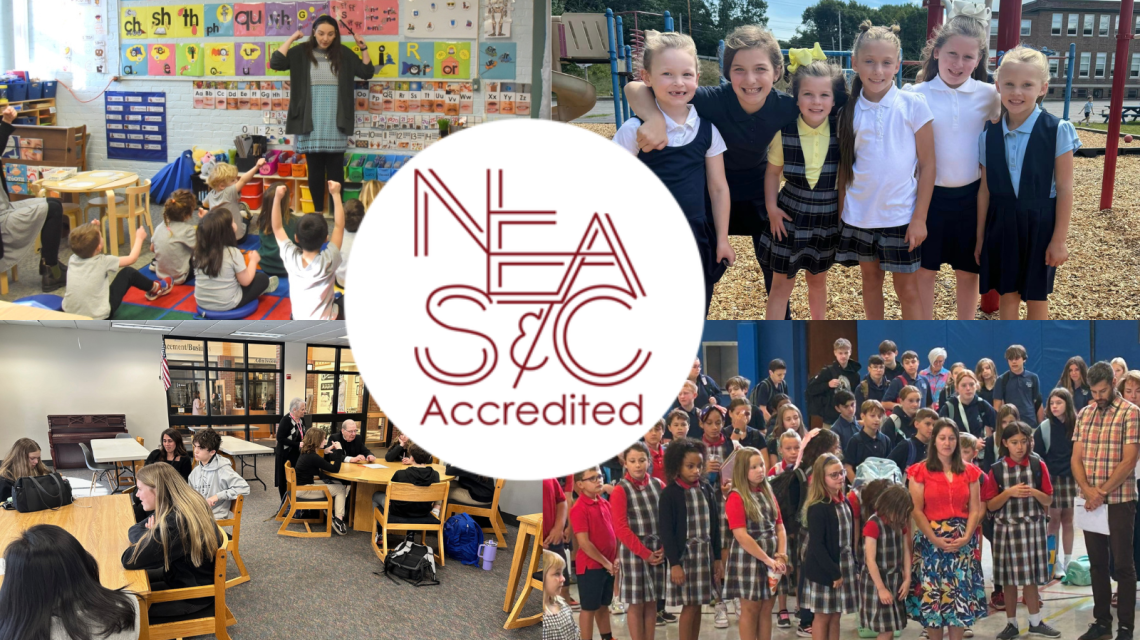 Maine Catholic school students and NEASC logo 