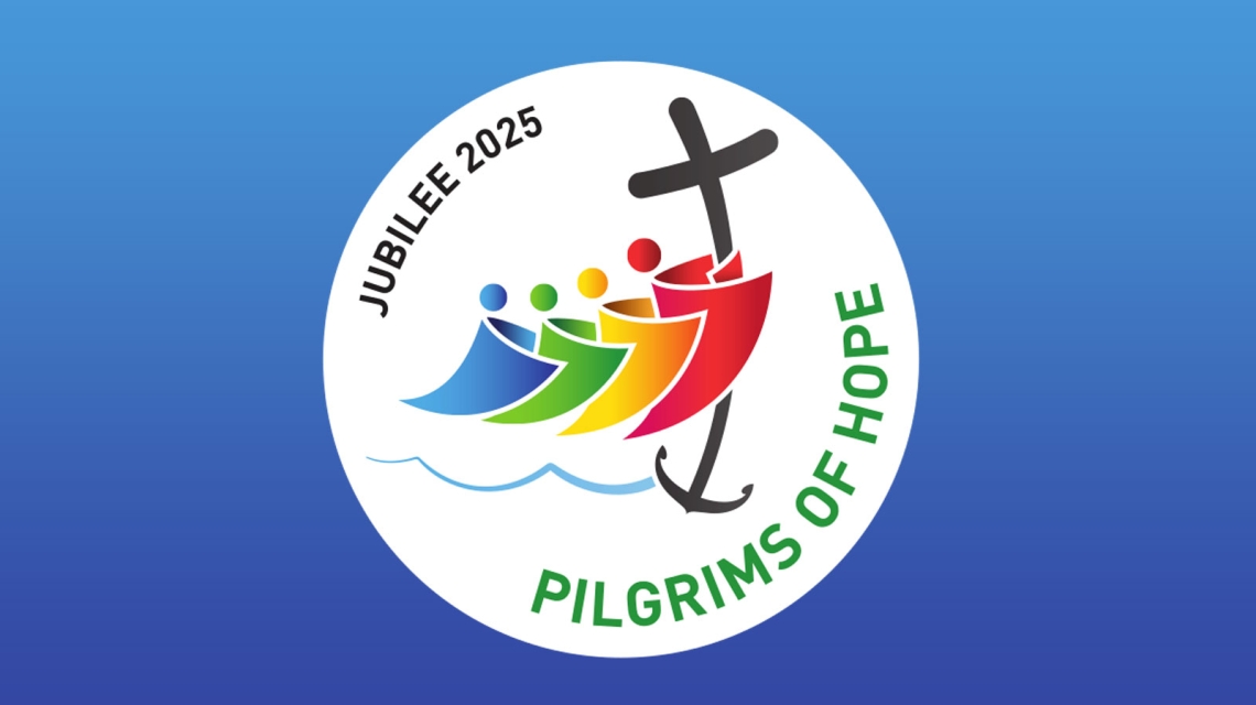 Pilgrims of Hope logo over blue background.