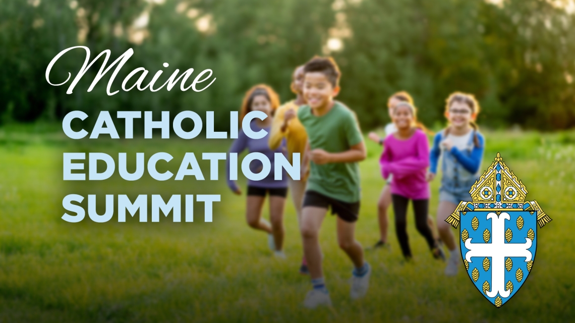 Children running and diocesan coat of arms