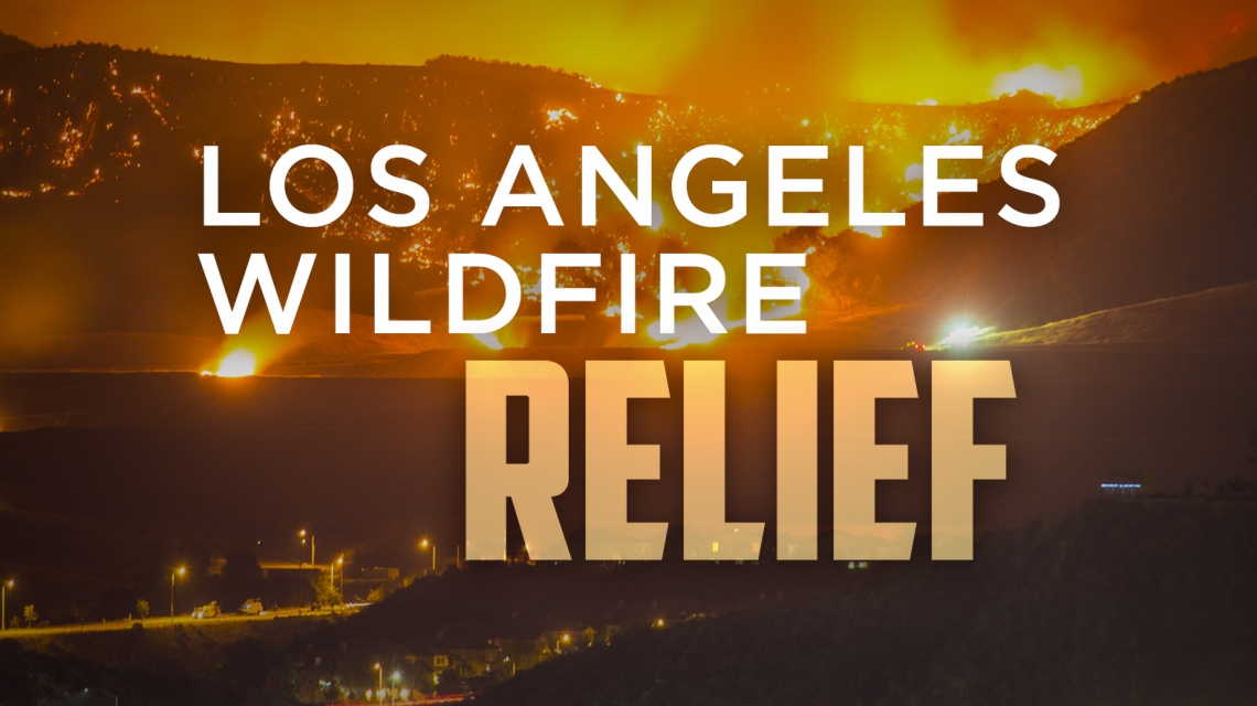 Los Angeles Wildfire Relief words over flames.