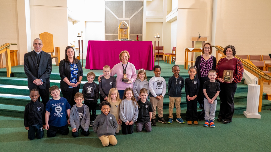 2024 maine catholic schools teacher of the year. Ann Slonina with her kindergarten class.