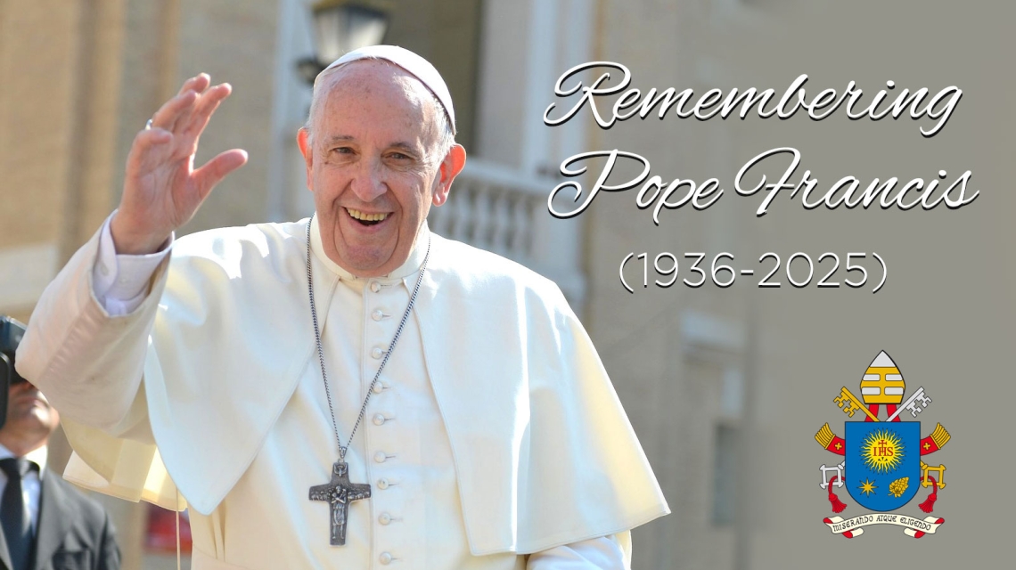Pope Francis waving with his coat of arms and birth and death dates