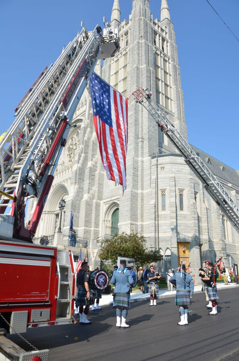 Blue Mass 2018 fire trucks outside basilica