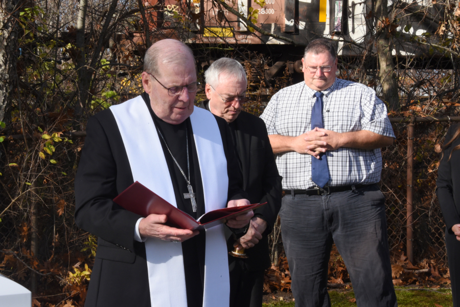 Bishop Deeley with Msgr. Marc Caron and Kennneth Greenleaf