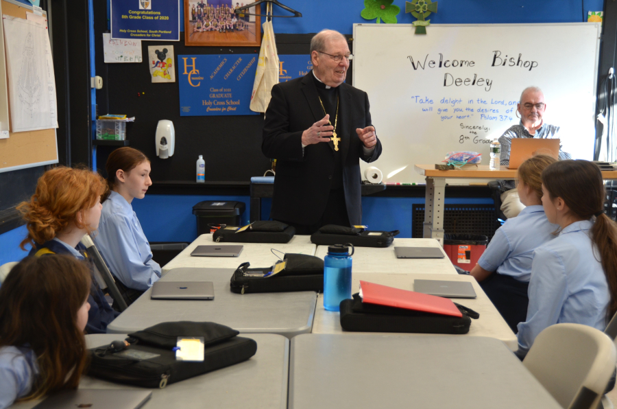 Bishop Deeley Visits Holy Cross School in South Portland 