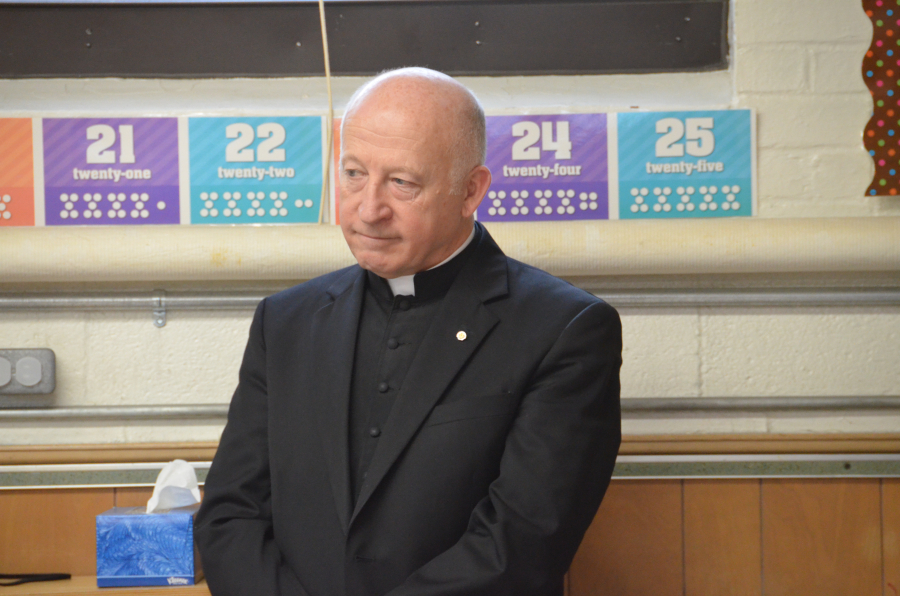 Bishop Deeley visits St. James School in Biddeford. 