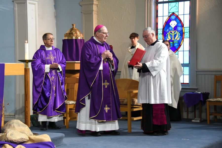 Bishop Robert Deeley, Father Dave Raymond, and Msgr. Marc Caron