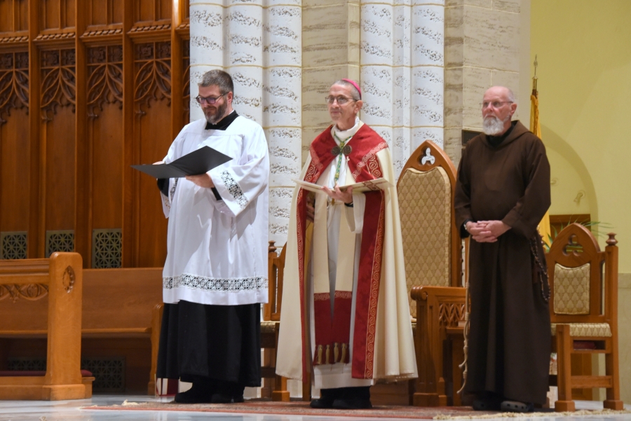 Father Patrick Finn, Bishop James Ruggier, and Father Michael Sevigny, OFM Cap.