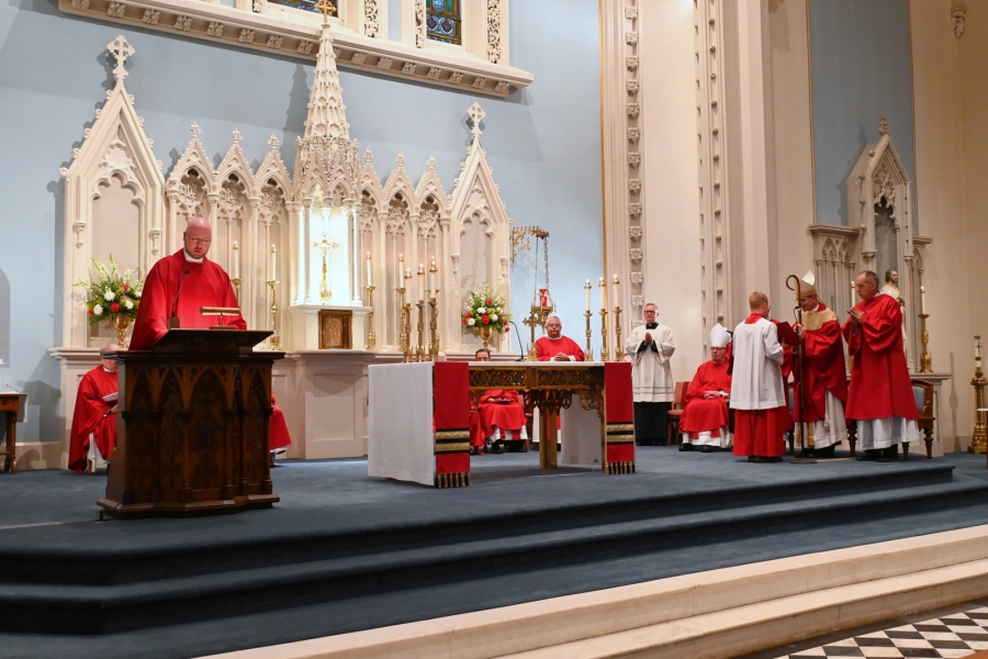 Father Kyle Doustou reads the proclamations / wide view