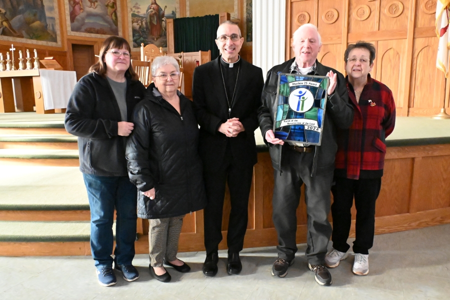 Janet Lepage, Sue Cust, Bishop James Ruggieri, Duane Brasslett, and Kathy Shorette