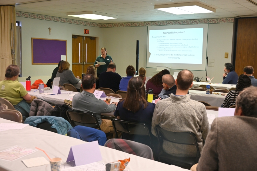 Parents listening to a presentation by Kim Suttie.