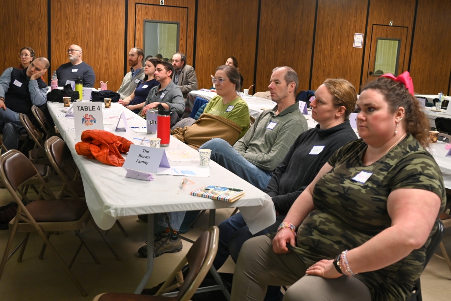 Parents listening to a presentation by Kim Suttie.