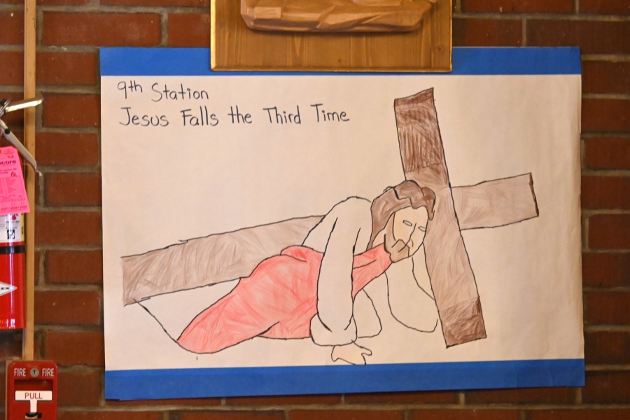 Station of the Cross drawn by children, depicting Jesus falling