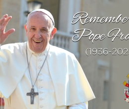 Pope Francis waving with his coat of arms and birth and death dates