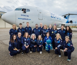 Pictured in front of G-Force One are the 8 teachers in the Embedded Teacher Program, with Space for Teachers mentors, NASA STEM Enhancement in Earth Science (SEES) interns, Zero-G pilot, Marcos Valdez, and Astronaut Cady Coleman