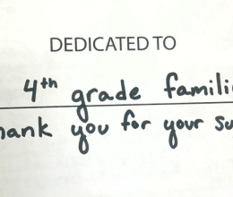 the dedication in the Christmas cookie cookbook. "Dedicated to our 4th grade families, thank you for your support"