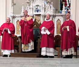 Bishop Emeritus Robert Deeley, Deacon Jeffrey Lewis, Bishop James Ruggieri, Deacon Dennis Popadak, Father Seamus Griesbach, and Father Daniel Greenleaf