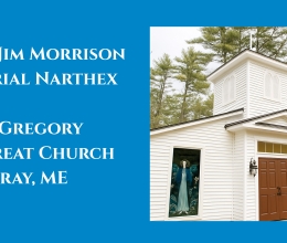 Fr. Jim Morrison narthex blessing with church photo