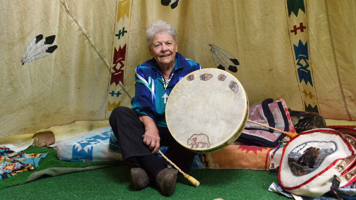 Sister Bernadette Gautreau in her teepee