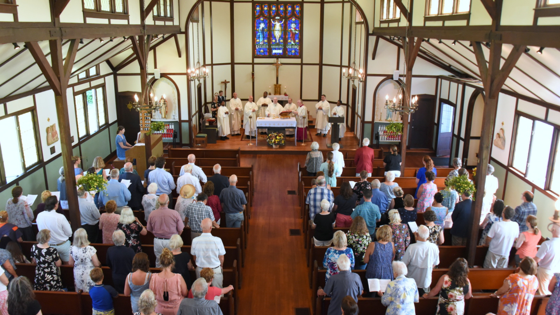 Wide shot of church from balcony