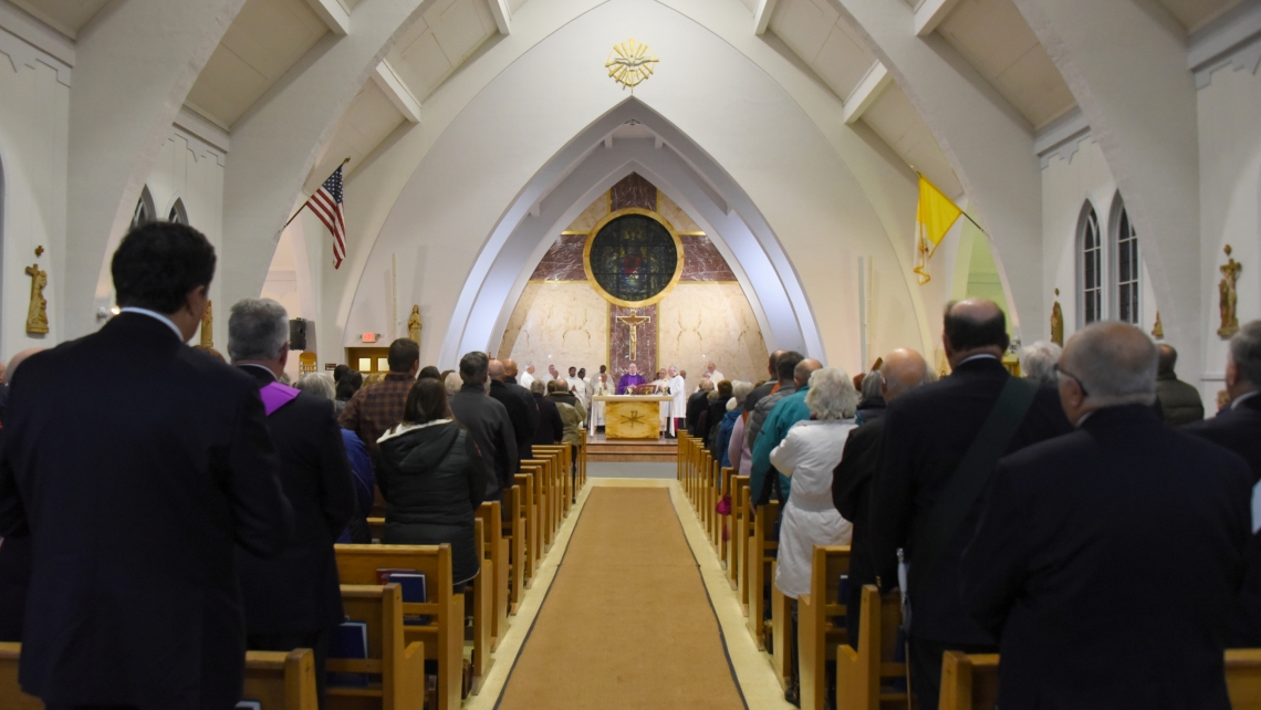 Wide shot from the back of the church