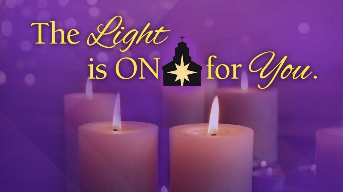 Three pink and one purple advent candles and the words The Light is On for You