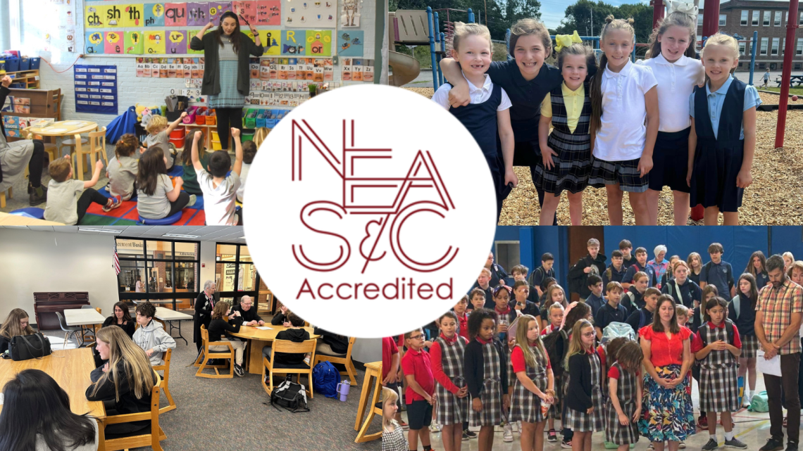 Maine Catholic school students and NEASC logo