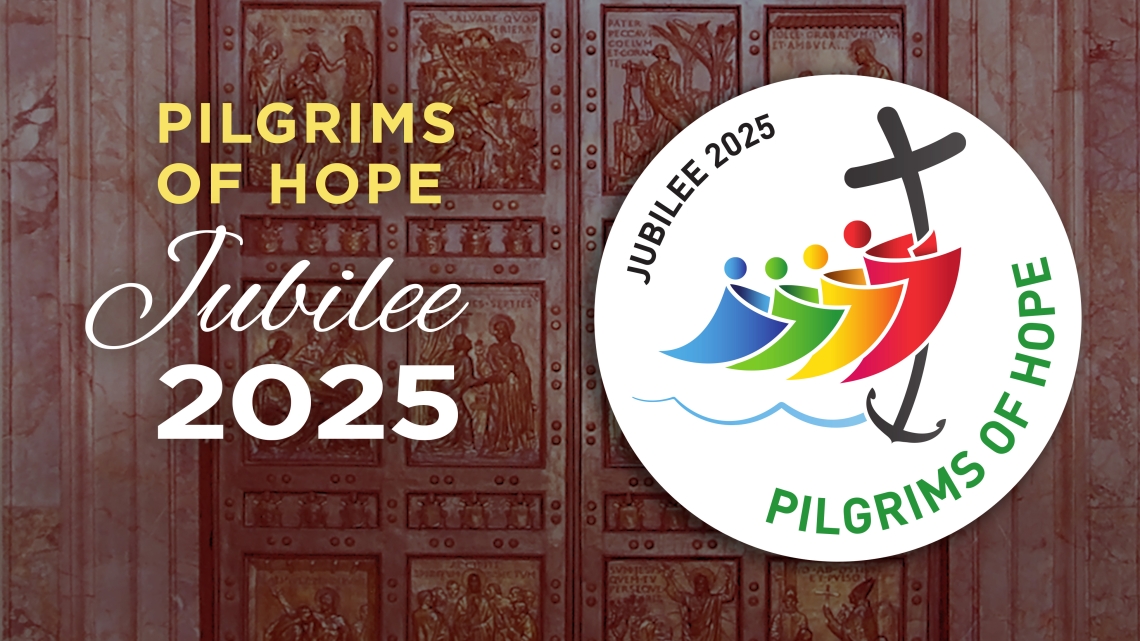 Pilgrims of Hope logo over holy door.