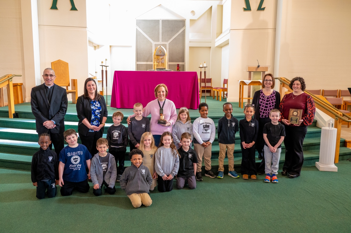 2024 maine catholic schools teacher of the year. Ann Slonina with her kindergarten class.