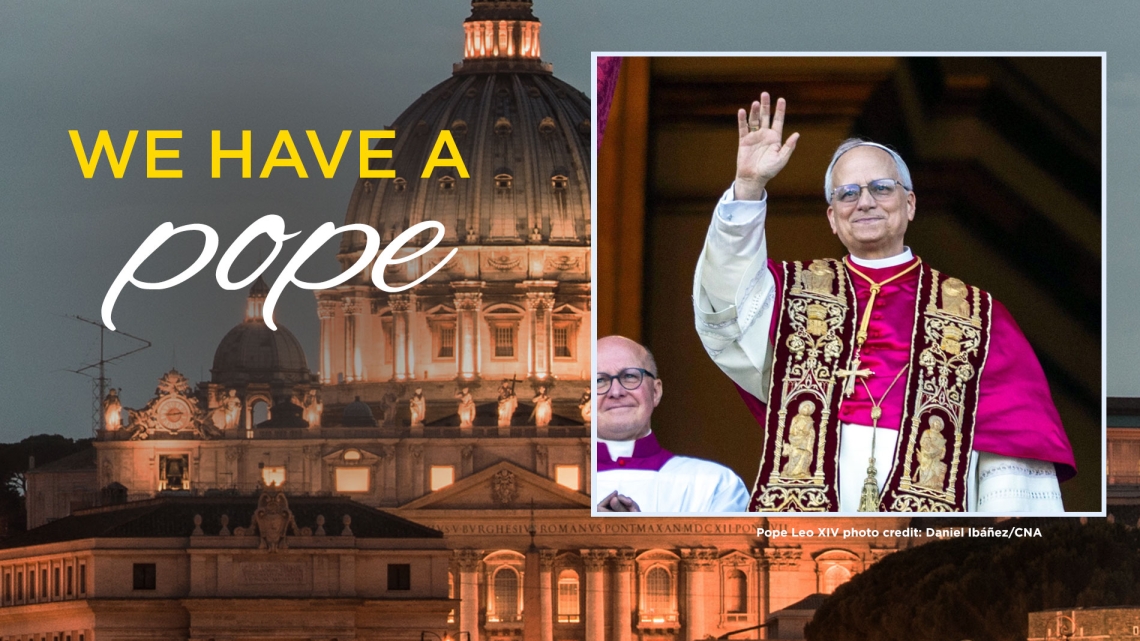 Pope Leo XIV photo over a photo of St. Peter's Basilica