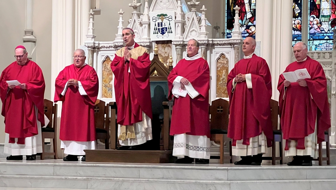 Bishop Emeritus Robert Deeley, Deacon Jeffrey Lewis, Bishop James Ruggieri, Deacon Dennis Popadak, Father Seamus Griesbach, and Father Daniel Greenleaf