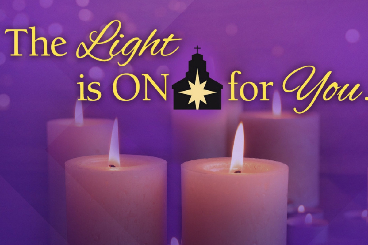 Three pink and one purple advent candles and the words The Light is On for You