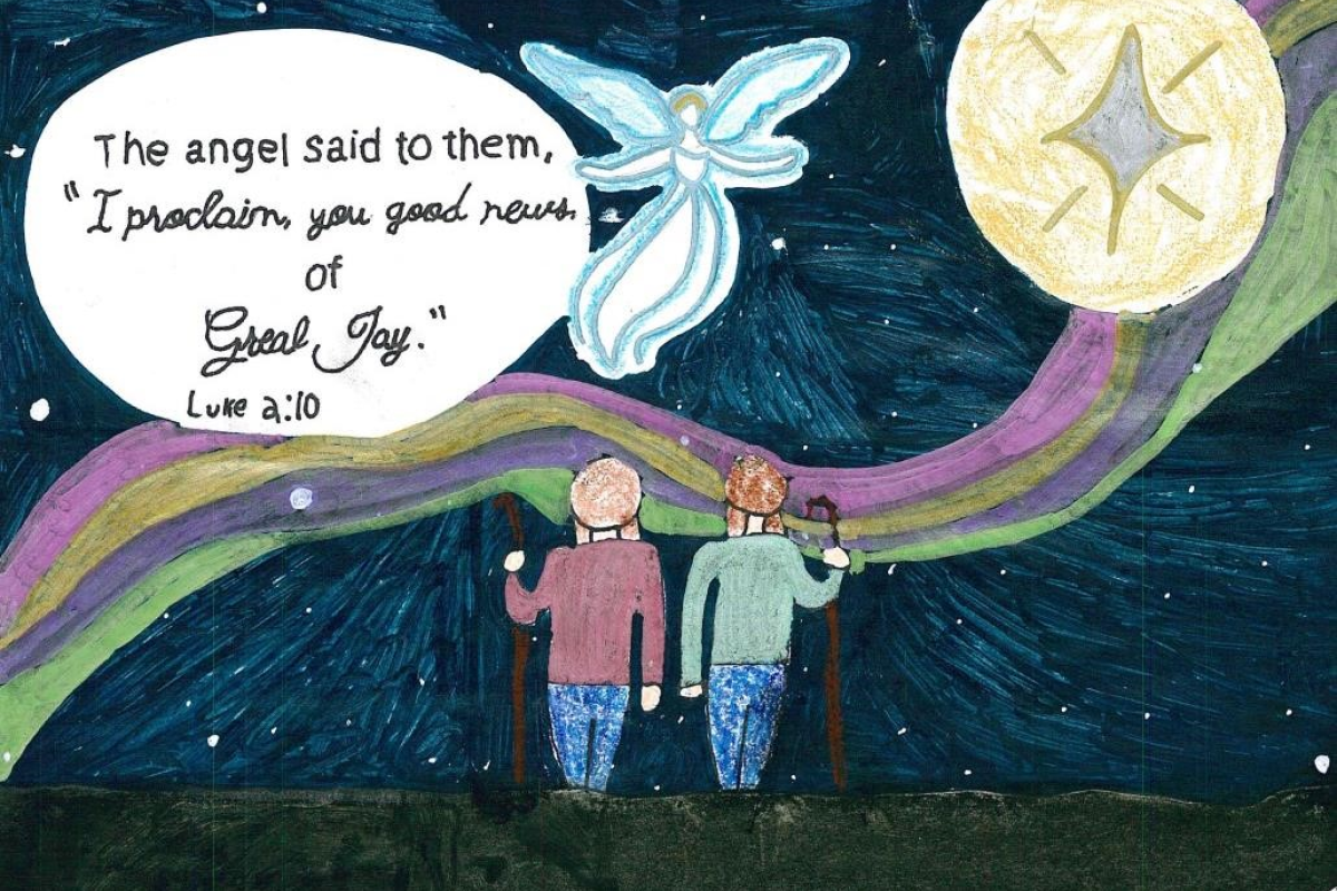 drawing of two people looking at the sky and an angel