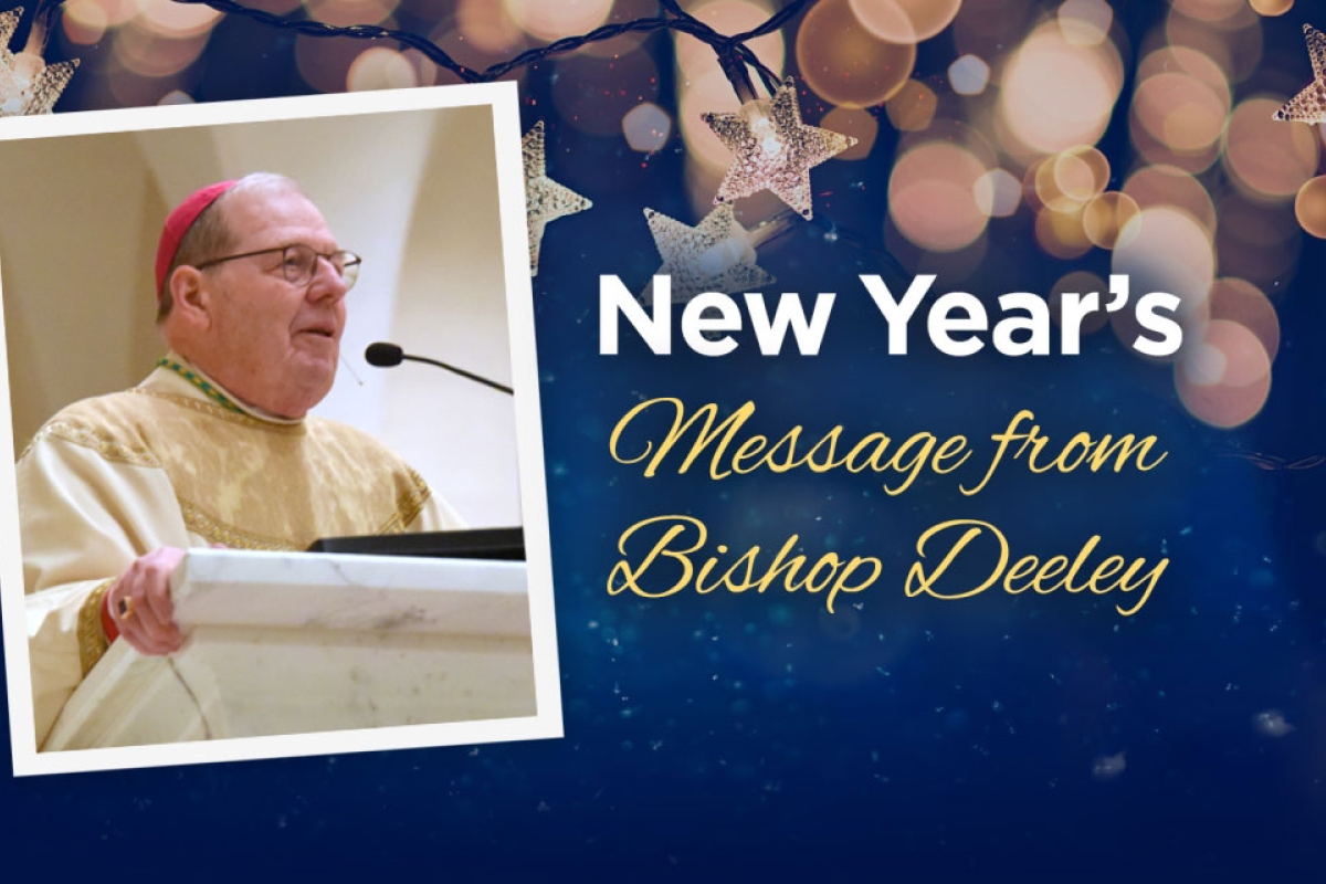 Bishop Deeley over a blue background with the words New Year's message