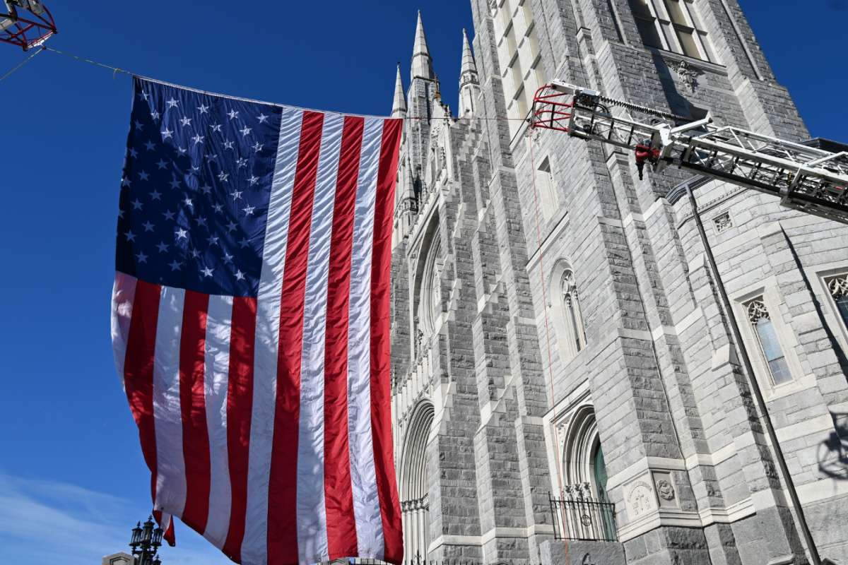 American flag hanging outside the basilica 