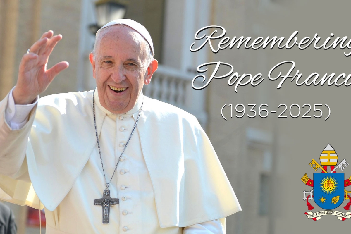 Pope Francis waving with his coat of arms and birth and death dates