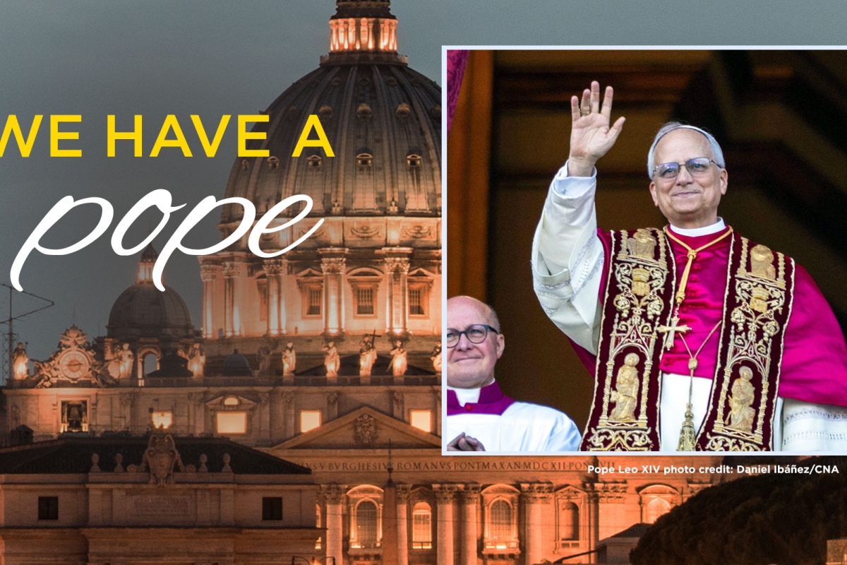 Pope Leo XIV photo over a photo of St. Peter's Basilica