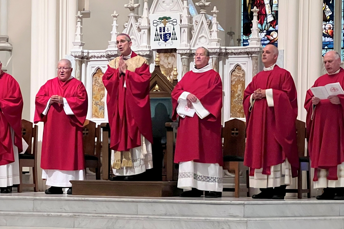 Bishop Emeritus Robert Deeley, Deacon Jeffrey Lewis, Bishop James Ruggieri, Deacon Dennis Popadak, Father Seamus Griesbach, and Father Daniel Greenleaf